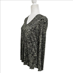 Plisse' Vintage Green And Black Blouse Tunic  Long Sleeve Womens Medium